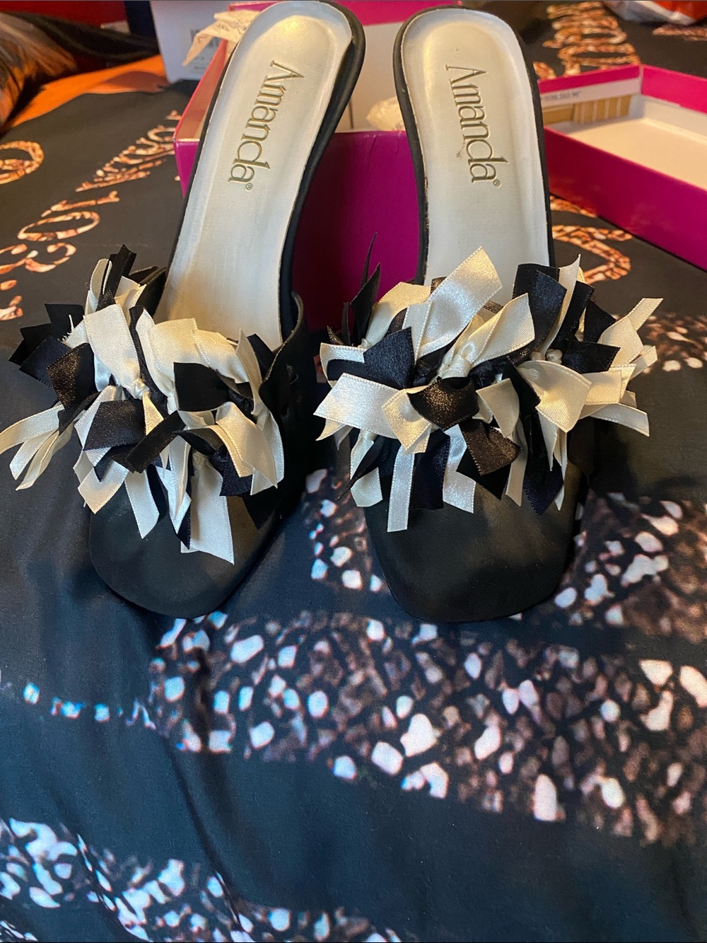 Black Satin Slide Sandals with Cream Ribbon Detail